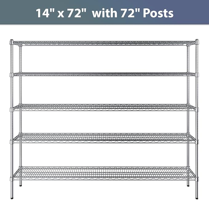 14" x 72" NSF Chrome 5-Shelf Kit with 72" Posts, Commercial Storage Rack Unit, Heavy Duty Storage Shelving, Wire Shelving Kit, Adjustable Rack Strong Steel, Multipurpose Wire Shelf
