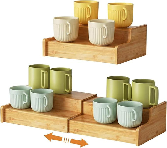 2-Tier Expandable Coffee Mug Holder, Mug Organizer for Kitchen Cabinets, Bamboo Mug Cup Rack, Multi-Functional Cup Holder Shelf, Coffee Bar Organizer, Home-NeatNest