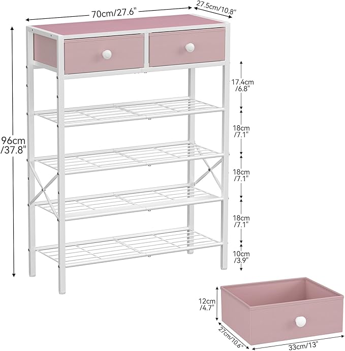 Shoe Rack for Entryway, 5 Tier Shoe Organizer with 2 Non-Woven Drawers, Metal Storage Shoe Shelf for 16-20 Pairs of Shoes, with Wooden Top and Steel Frame, Shoe Stand for Closet Pink-NeatNest