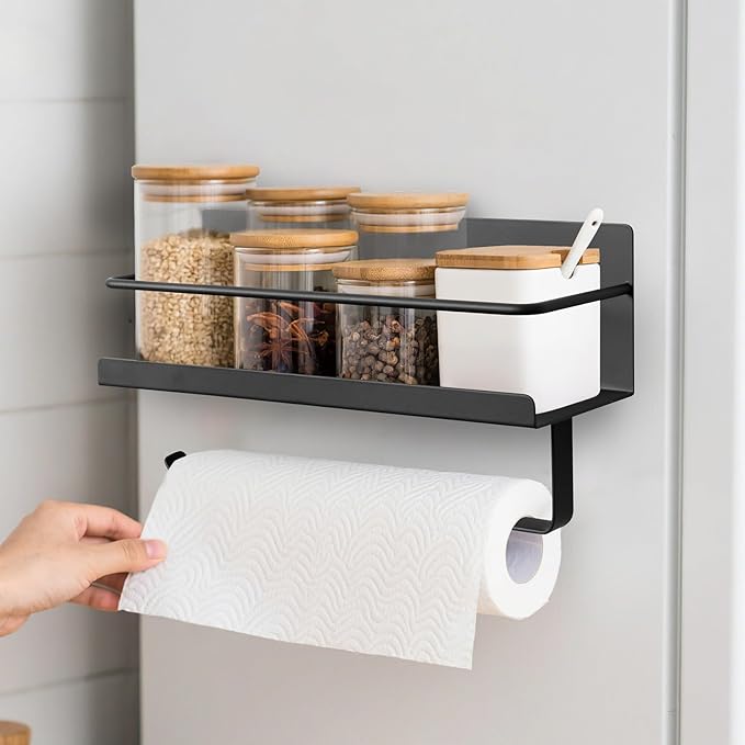 2 PCS Magnetic Spice Rack Organizer with Paper Towel Holder for Refrigerator and Oven, Black Fridge Organizers and Storage Can Hold spices, Pepper, Small Things, Paper Towel