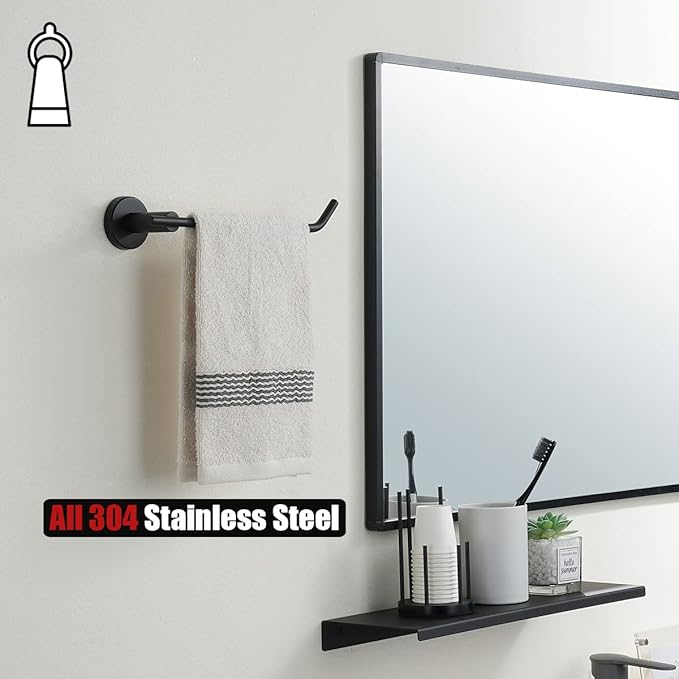 JQK Black Hand Towel Holder, Stainless Steel Towel Bar for Bathroom, 9 Inch Necklace Holder Matte Black Wall Mount, TR100-PB