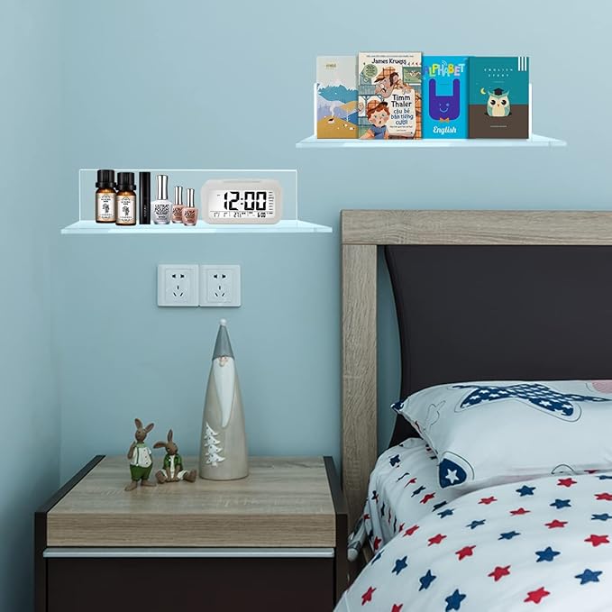 12 Inches Acrylic Wall Shelves 2 Pack, Floating Shelf for Wall Mounting, Acrylic Display Ledges for Funko Pop Figures, Home Décor, Living Room, Gaming Room, Plants(12 inch, Clear)-NeatNest