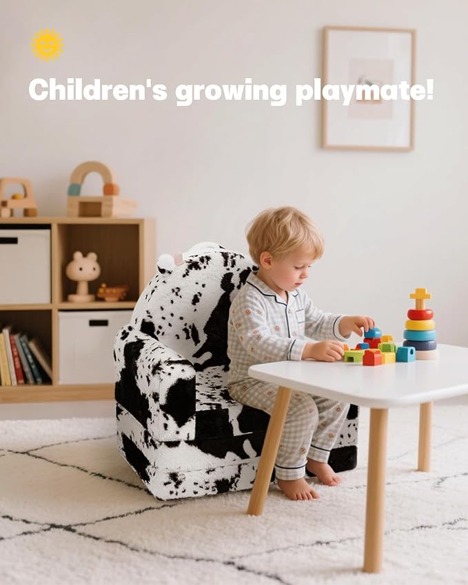 2-in-1 Toddler Chair and Couch – Soft Faux Rabbit Fur, Cow Pattern Design, Fold Out Seat for Reading & Nap, Ages 1–3-NeatNest