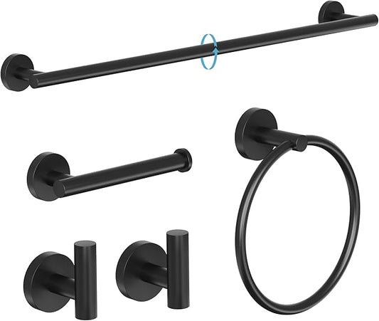 Matte Black Bathroom Hardware Set, 18 Inch SUS304 Stainless Steel Bath Towel Bar Set, Bathroom Accessories Set, Towel Rack, Towel Ring, Toilet Paper Holder, Robe Towel Hooks, 5-Pieces