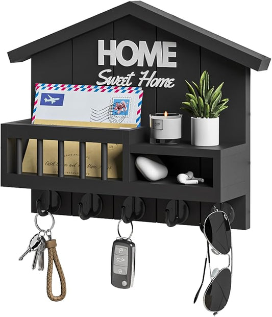 Key and Mail Holder for Wall, Wall Key Holder with Shelf, Home Key Holder for Wall, Wood Black Key Holder Wall Mount, Mail Organizer Wall Mounted, Entryway & Front Door Key Holder with 5 Hooks