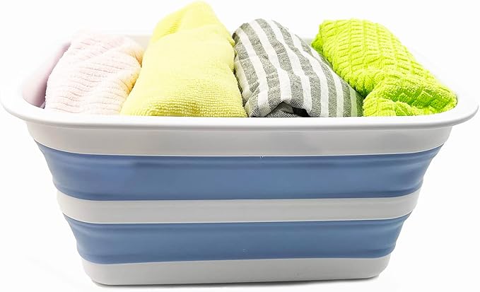 SAMMART 12L (3.17Gallon) Collapsible Tub - Portable Outdoor Picnic Tray - Portable Washing Basin - Space Saving Plastic Washtub (Grey + Baby Blue (Set of 2))