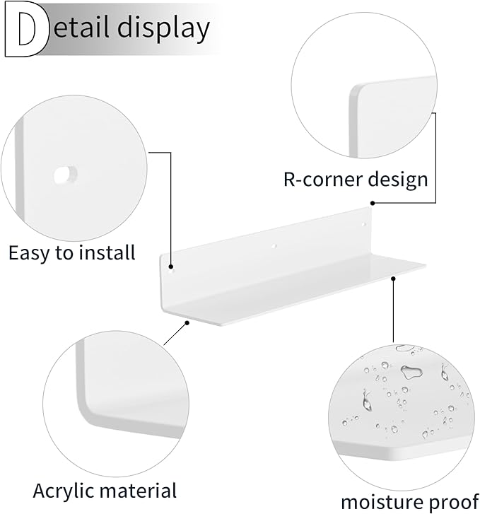 16 Inches White Acrylic Shelves, Wall Hanging Spice Rack, Wall Organizer Storage Shelf for Kitchen, Dining Room, Living Room, Bedroom, Bathroom, 2 Pack-NeatNest