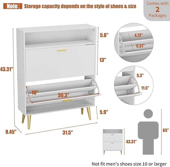 JOZZBY Shoe Cabinet for Entryway, White Narrow Shoe Storage Cabinet with 2 Flip Drawers, Freestanding Hidden Shoe Rack Storage with Open Shelves for Hallway, Living Room, Set of 2-NeatNest