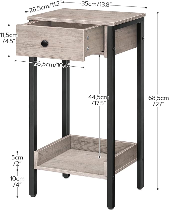HOOBRO Tall End Table, Nightstand, Industrial Side Table with Drawer and Storage Shelf, for Study, Bedroom, Space Saving, Greige and Black BG71BZ01