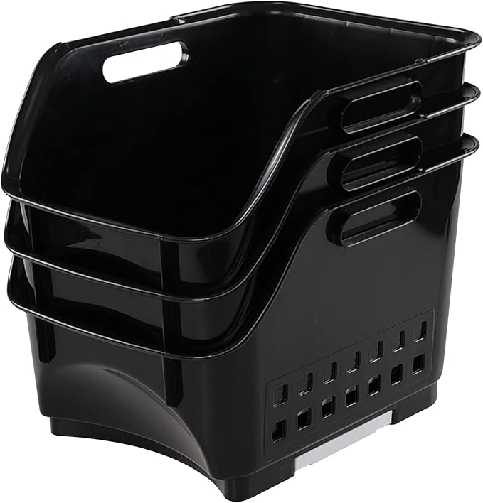 3-Pack Plastic Stacking Bins, Stackable Storage Basket, Black