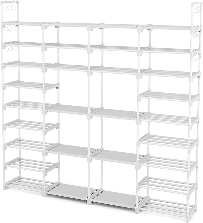 ROJASOP Large Shoe Rack Organizer for Entryway Closet 64-68 Pairs 9-Tier Heavy Duty Tall Garage Shoe Rack Shoe Shelf Shoes Storage with 18 Pcs Removable Side Hooks for Bedroom and Garage White-NeatNest