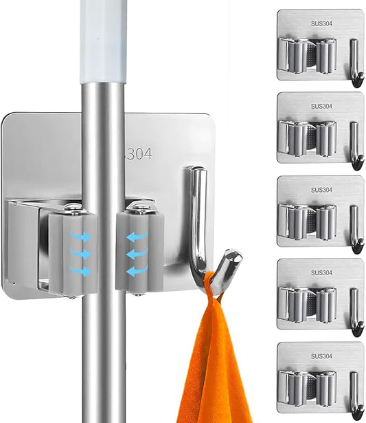 5 Pack Heavy Duty Mop and Broom Holder Wall Mount, No Drill Self Adhesive Stainless Steel Hanger with Hooks, Anti-Slip Tool Organizer for Bathroom, Kitchen, Garage, Laundry Room (5, Silver)