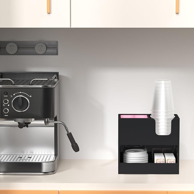 Coffee Condiment and Cup Organizer - 2-Tier Upright Cup and Lid Holder with Straw Organizer 3 Compartments Black Acrylic Cup Dispenser for Restaurant Breakroom Coffee Station Countertop-NeatNest