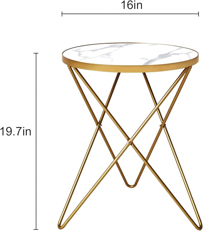 HLR Modern Round Side Table Set of 2, End Table with Marble Effect Top and Gold Metal Frame, Small Side Table for Living Room, Bedroom, Sofa and Couch, Gold Legs, White Marble top