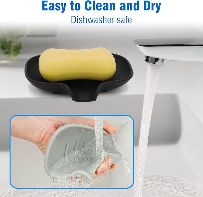 3 Pack Soap Dish, Soap Dishes for Bathroom, Shower, Silicone Soap Bar Holder, Soap Tray for Kitchen, BPA-Free, Dishwasher Safe (Black)-NeatNest