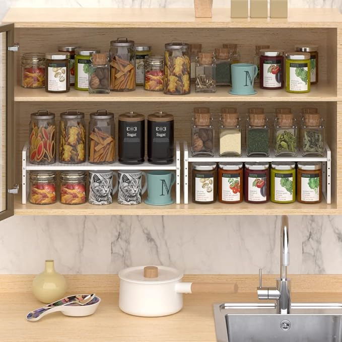Expandable Counter Organizer Shelf (16.5'' to 27.2''), Countertop Organizer Kitchen Bathroom Pantry Cupboard Home Office for Cups, Dishes, Plates -White-NeatNest