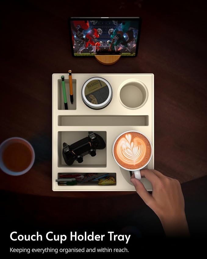 Couch Cup Holder Tray - Couch Organizer Caddy, Silicone Beach Caddy with Cup Holder, Sofa and Bed Drink Holder and Couch Tray Table for Snacks Beverage Remote (Beige)-NeatNest