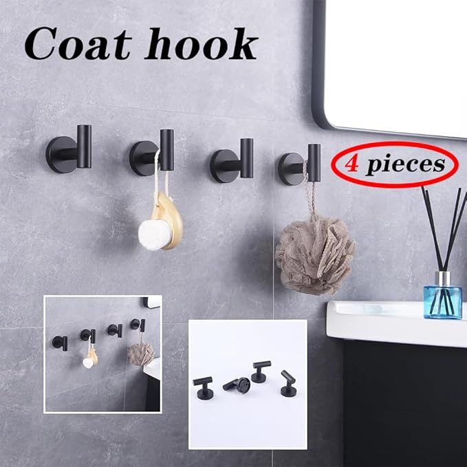 GERZWY Bathroom Matte Black Coat Hook SUS 304 Stainless Steel Towel/Robe Clothes Hook for Bath Kitchen Modern Hotel Style Wall Mounted 4 Pack AG1307B-BK