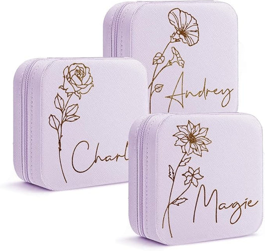 DayOfShe Mom Gifts Travel Jewelry Box with Birth Flower and Name Personalized Small Jewelry Case for Mother Birthday Gifts Bridesmaid Gifts-NeatNest