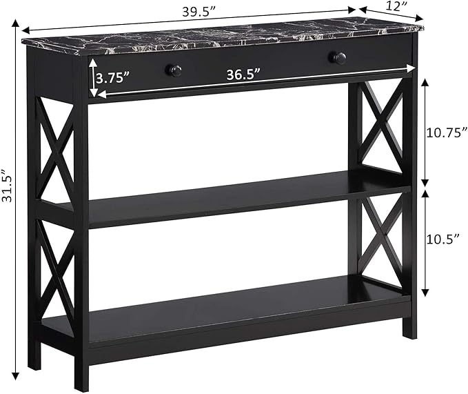 Convenience Concepts Oxford 1 Drawer Console Table with Shelves, Black Faux Marble/Black-NeatNest