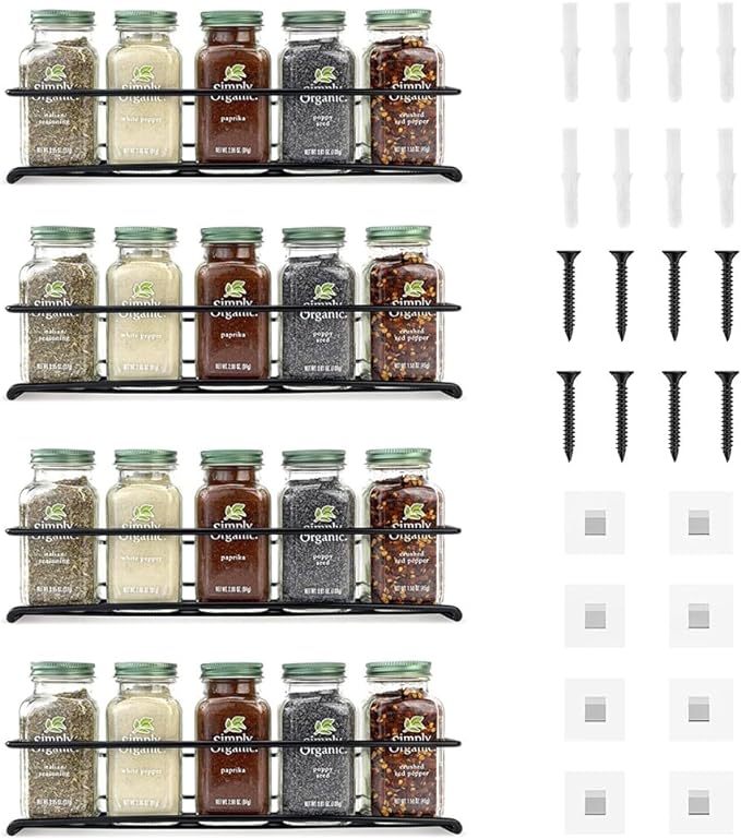 4 Pack Spice Rack Organizer, Wall Mount Spice Rack Organizer,Screw or Adhesive Hanging Spice Rack, Black