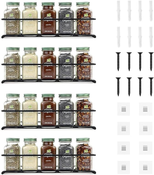 4 Pack Spice Rack Organizer, Wall Mount Spice Rack Organizer,Screw or Adhesive Hanging Spice Rack, Black