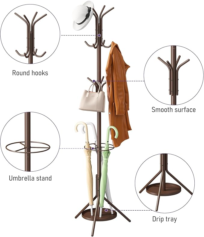 Coat Rack Freestanding,Entryway Hanger Stand,Umbrella Holder,Hall Tree With 12 Hooks, Floor Standing Metal Tree Stand,brown-NeatNest