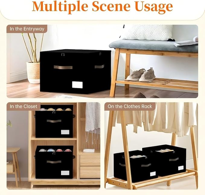 3 Pack Shoe Organizer for Closet, Foldable Shoe Storage Containers, Fits up to 24-48 Pairs, Shoe Storage Organizer Box Cubby Baskets Bins with Clear Cover and Reinforced Handles, Black-NeatNest