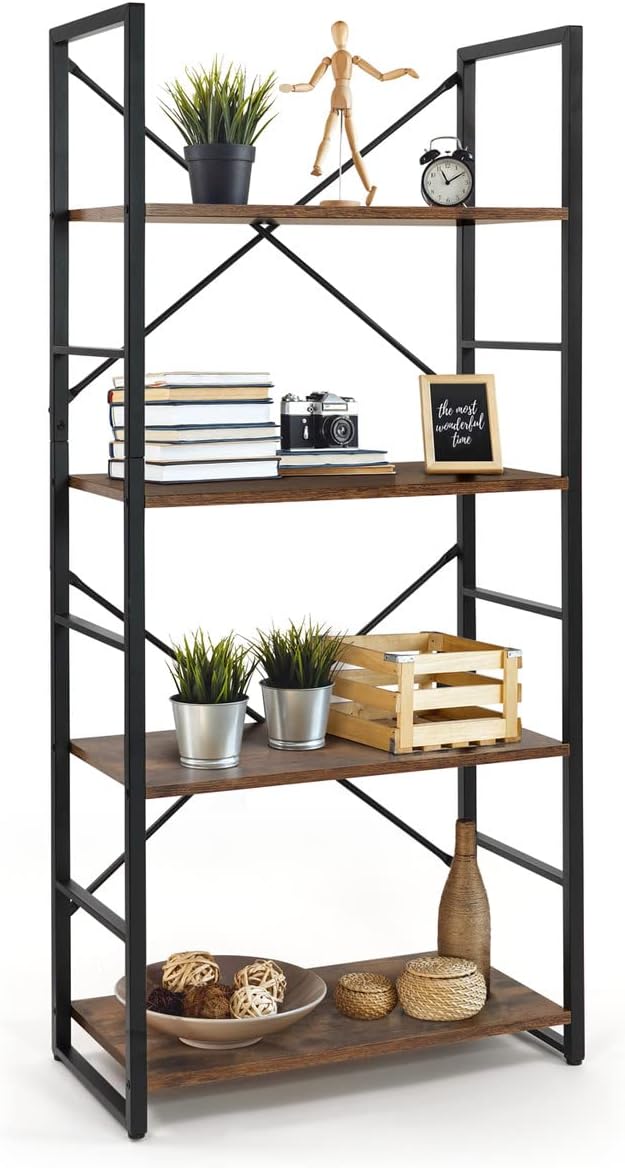 CAPHAUS 4 Tier Bookshelf, 24 Inch Width Free Standing Shelf, Bookcase Shelf Storage Organizer, Industrial Book Shelves for Home Office, Living Room, Kitchen, Rustic Oak Vintage Shelves & Metal Frame-NeatNest