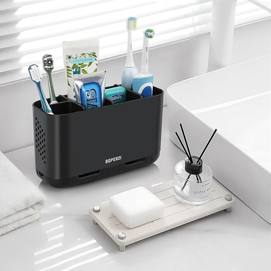 Boperzi Toothbrush Holders for Bathrooms Organizers and Storage, Large Tooth Brush Holders with Drainage, Anti-Slip Electric Toothbrush and Toothpaste Holders Caddy for Shower Kids Family, Black-NeatNest