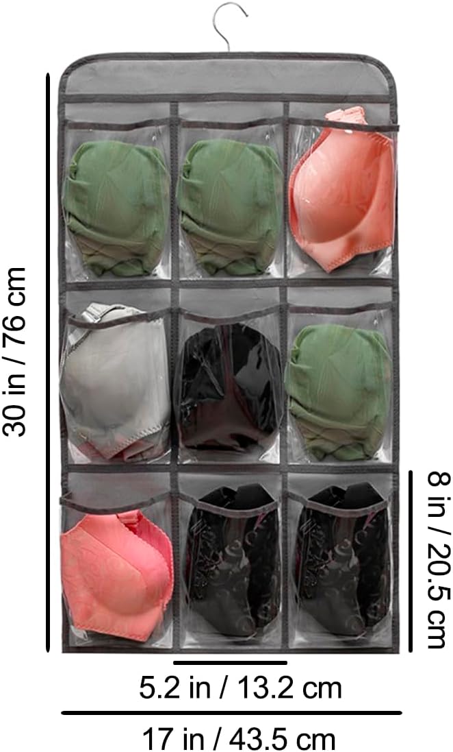2 Pcs Closet Organizer Dual Sided Hanging Shoe Storage Bag Underwear Socks Holder with 18 Pockets (CLEAR POCKETS)-NeatNest