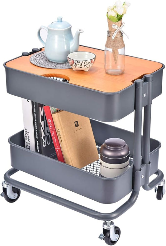2-Tier Metal Utility Rolling Cart Storage Side End Table with Cover Board for Office Home Kitchen Organization, Dark Gray