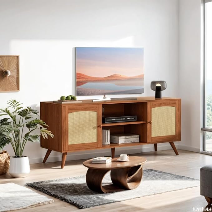 Brown Rattan TV Stand for 60 Inch TV, Wooden Mid Century Modern Entertainment Center with Natural Rattan Door, Boho Media TV Console for Living Room-NeatNest