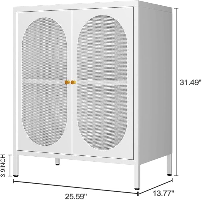 2 Door Metal Mesh Storage Cabinet with 1 Adjustable Shelves-Steel Locker Cabinet for Living Room, Bedroom, Hallway, Office Room, Home, Hotel, Kitchen, Garage, 2-Tier (Mesh Door, White)