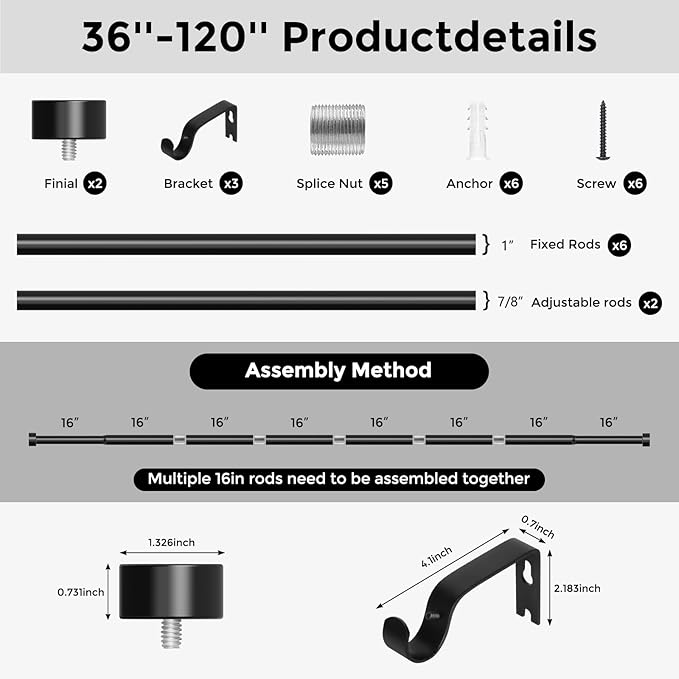 Curtain Rods for Windows 66 to 120 Inch(5.5-10 Feet),Black 1'' Diameter Drapery Rods with End Cap Style Design,Modern Adjustable Heavy Duty Curtain Rod,Size:36''-120''-NeatNest
