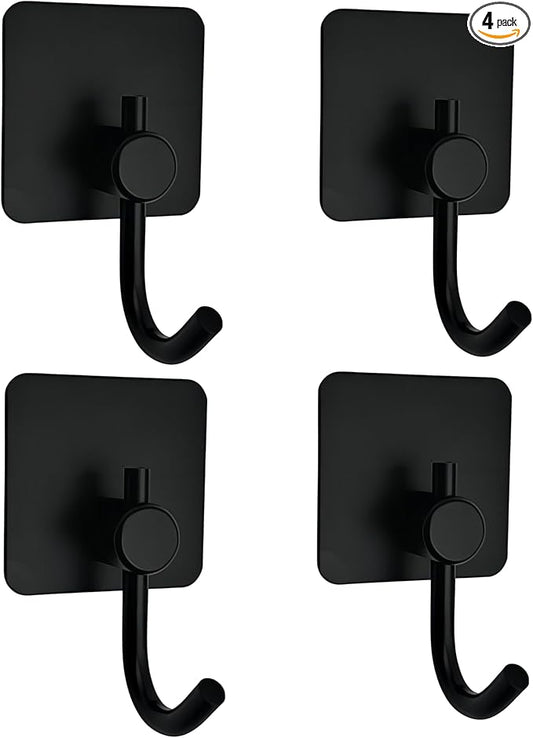Adhesive Hooks for Hanging - 4 Pack, Towel Hooks Hanging Inside Shower, Rustproof Hooks for Walls No Damage Bathroom, Bedroom, Kitchen, Hotel, Office, Large Adhesive Hook (Black 2)