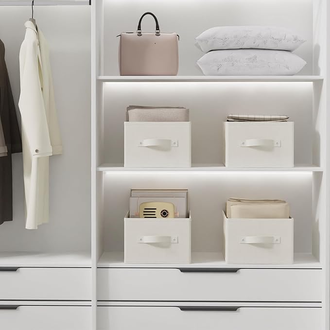 Fabric Storage Boxes for Shelves, 3 Pack Foldable Cloth Bins, Closet Organizers System with 2 Handles, Durable and Sturdy, Saving Space, Beige, 16.1 x 9.8 x 6.5 In, XSNY11BEM-3-NeatNest