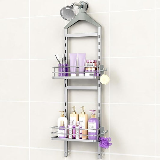ODesign 2 Tier Height-Adjustable Shower Caddy Hanging Anti-Swing-Over The Shower Head Caddy-Storage Organizer Bathroom Shelves Basket-Silver