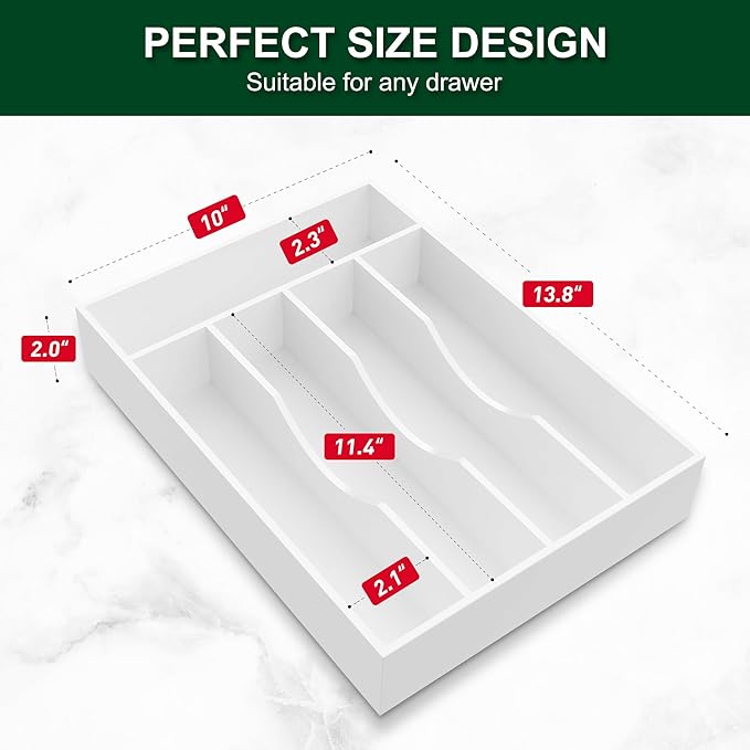 Bellsal White Utensil Organizer 10 Inch Silverware Tray for Drawer - 5 Compartment Small Narrow Bamboo-NeatNest