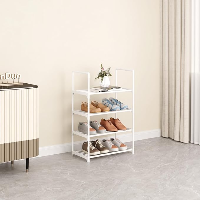 Metal Stackable Small Shoe Rack Organizer, Narrow Shoe Racks for Closets Entryway, Shoe Stand,Shoe Shelf with Handle (4-Tier-White)-NeatNest
