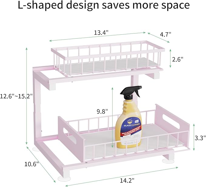Under Sink Organizer Storage: Adjustable Height, 2 Tier L-Shaped Pull-Out Metal Shelf with Non-Slip Pads & Rust-Resistant Design Maximize Kitchen & Bathroom Cabinet Space-NeatNest
