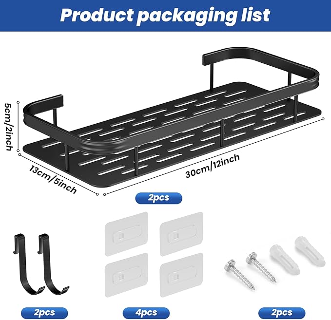lanlord Wall Mounted Shower Caddy Shelf Organizer Rack,2 Pack 12 inch No Drilling Adhesive Shower Shelves,Bathroom Shower Organizers and Storage,Save Space With Hooks,(Black 2LBLT).