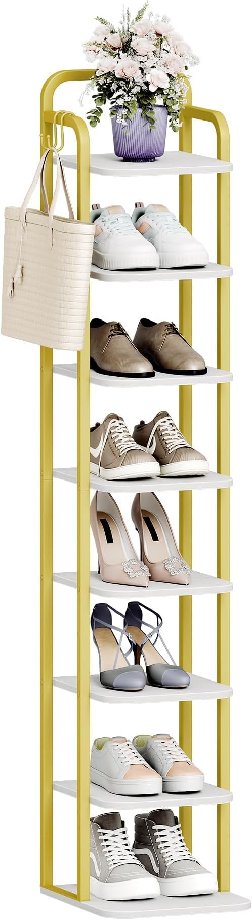8 Tiers Vertical Shoe Rack, Narrow Shoe Tower, Tall Shoes Shelf with 2 Hooks, Adjustable Shelves, Corner Shoes Shelves for Small Spaces, Entryway, Living Room, White Gold SR04313A-NeatNest
