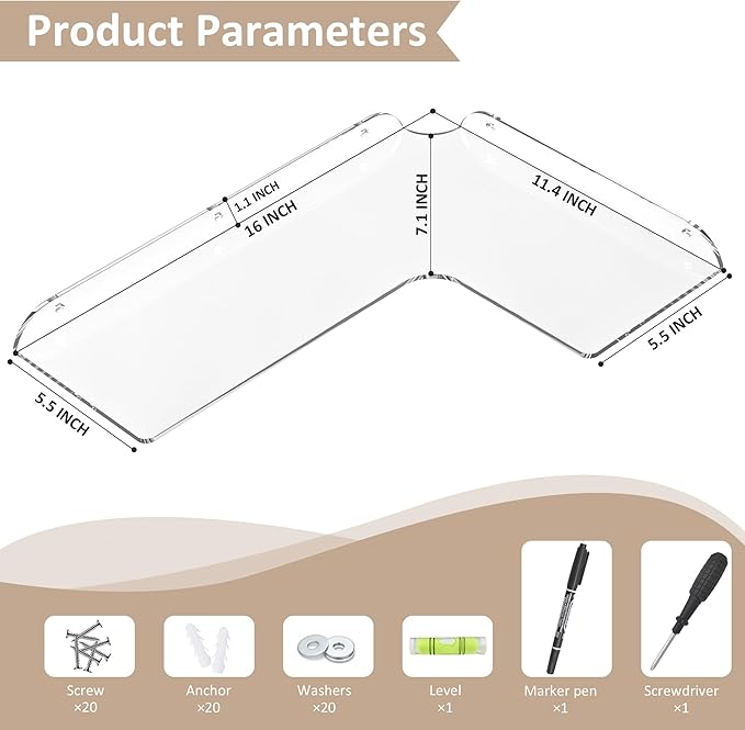 11.4x16 Inch Acrylic Corner Floating Shelf Set of 4, Clear Corner Wall Shelf for Home Décor, Speakers, Security Cameras, Toileries, Plants, Figures, Cosmetics, Books