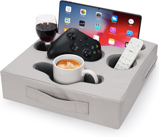 STBoo Couch Cup Holder Pillow Tray - Sofa Drink Cup Holder Cozy Buddy | Bed Caddy Organizer for Remote, Snacks Beverage, Phones, Tablet | Use it on Car, Pack, Beach, RV, Boat, Bedroom (SilverGrey)-NeatNest