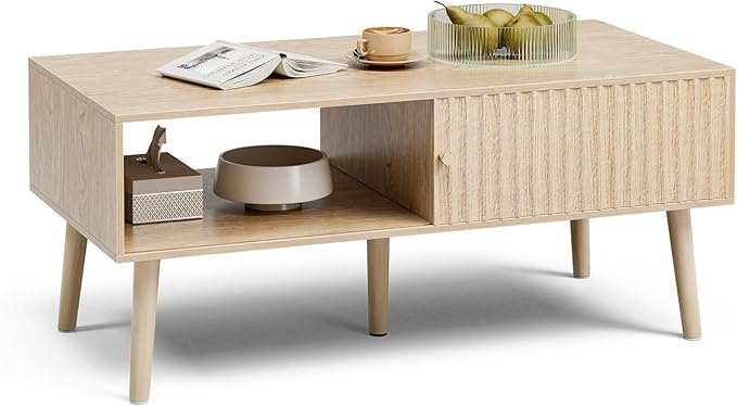 Coffee Table with Storage, Boho Dining Table with Sliding Fluted Door and Solid Wood Legs, Small Coffee Tables for Living Room, Oak-NeatNest