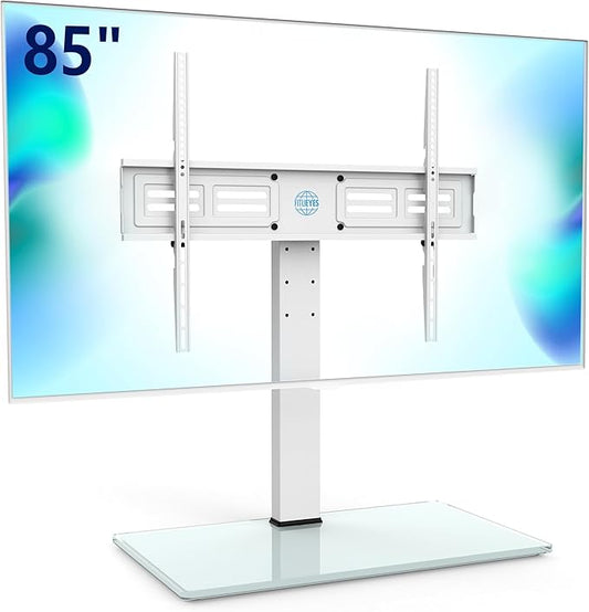 FITUEYES Universal TV Stand with Swivel Mount for 50-85 inch Flat Screens - Height Adjustable Tempered Glass Base Holds up to 143 lbs, White.