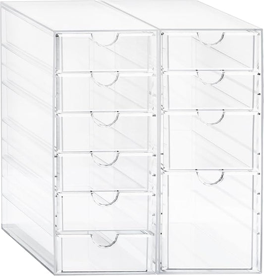 Prsildan Acrylic Drawer Makeup Organizer with 10 Drawers, Set of 2 Office Desk Organizers Accessories, Clear Stackable Storage Drawers for Vanity, Countertop, Craft, Jewelry, Art Supply Organization-NeatNest