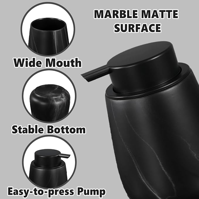 12Oz Ceramic Liquid Soap Dispenser - Modern Lotion Hand Soap Dispenser with Easy-to-Press Black Pump, Reusable and Refillable Dish Soap Dispensers for Bathroom & Kitchen, Marble Black-NeatNest