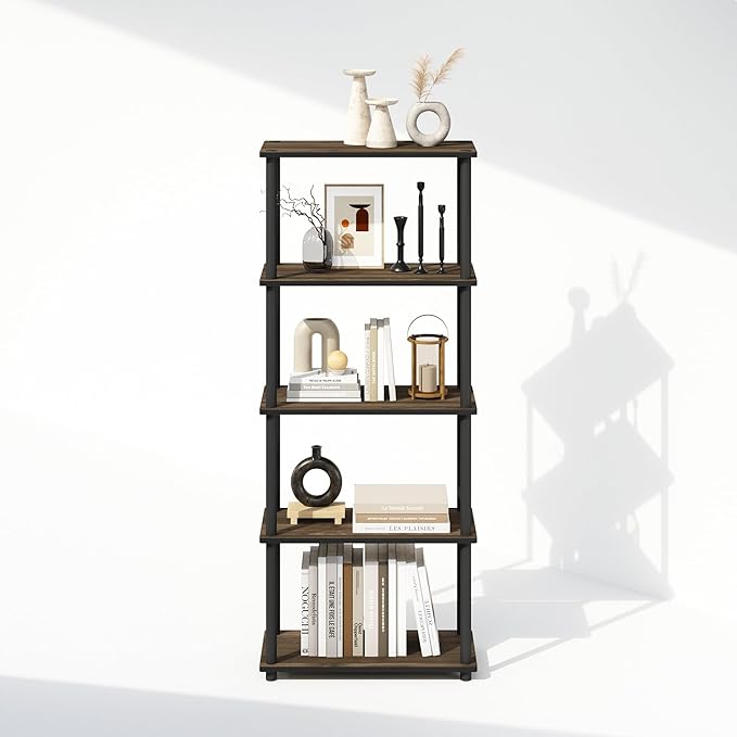 Furinno Turn-N-Tube 5-Tier Multipurpose Compact Bookcase, Columbia Walnut/Black-NeatNest